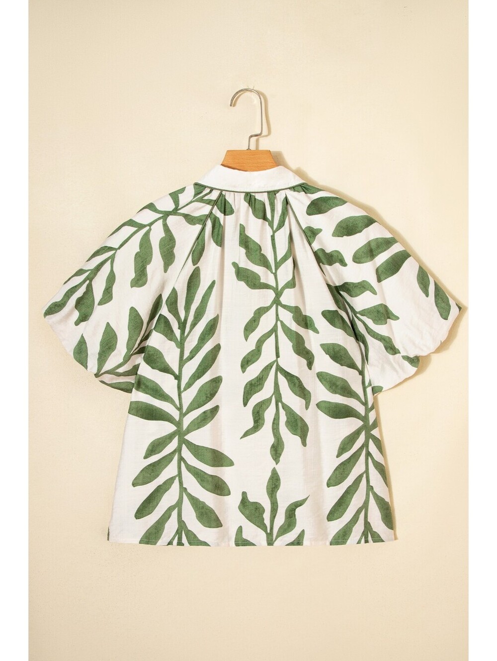 Women's Short Sleeve Button-Up Shirt with Green Leaf Print - Picture 4 of 4